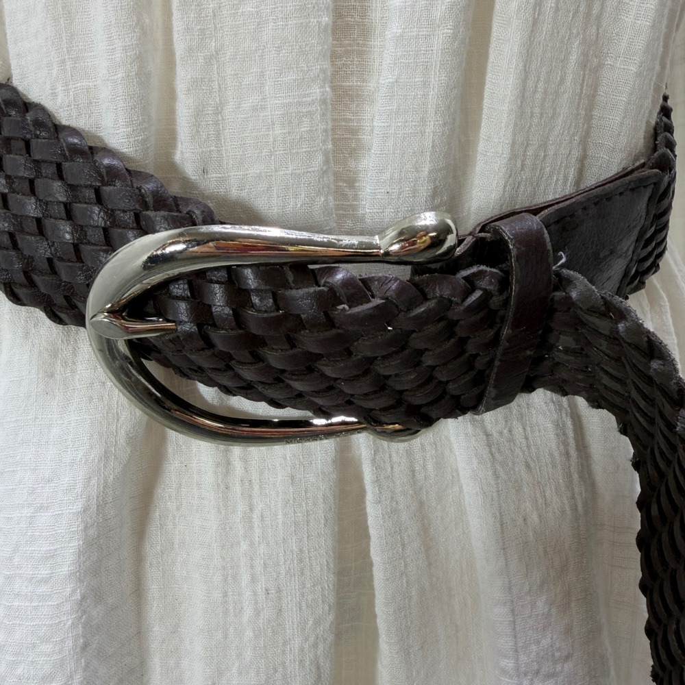 Michael Kors Womens Dark Brown Braided Genuine Leather Wide Belt Silver Buckle M